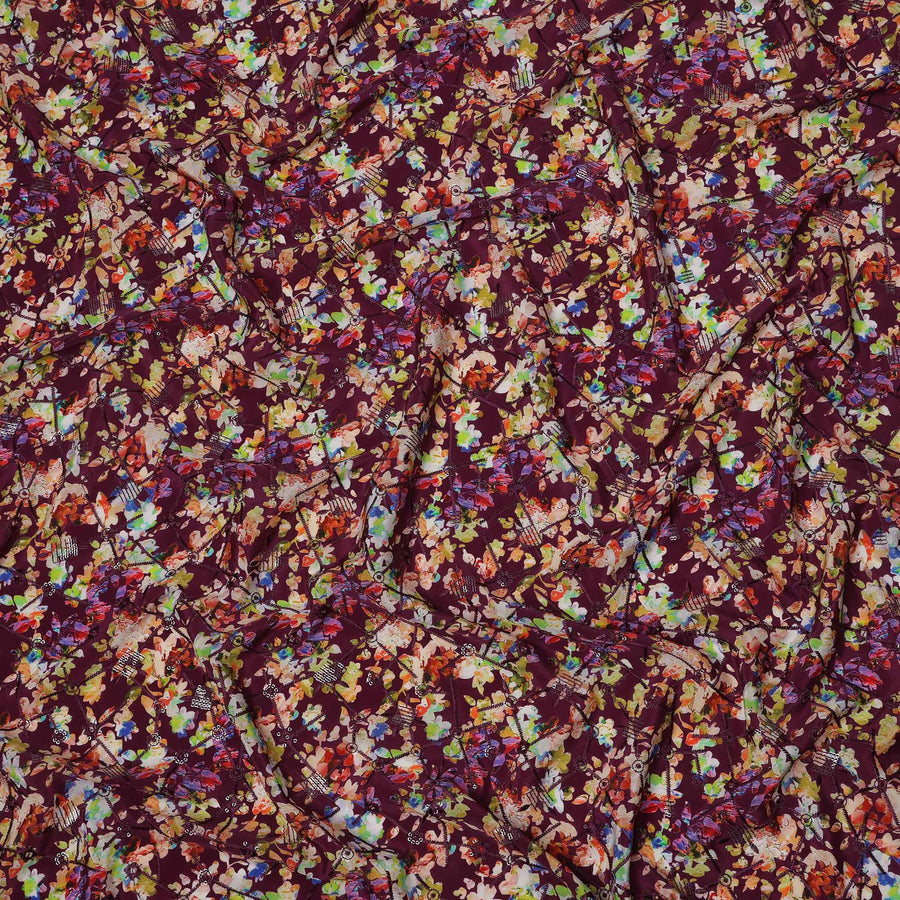 Maroon Base Multicolor Abstract Floral Digital Print Viscose Crepe Fabric, 110 Cms Width, Made in India-D23615