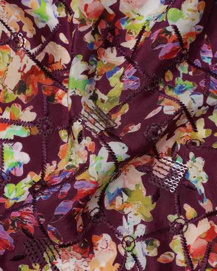 Maroon Base Multicolor Abstract Floral Digital Print Viscose Crepe Fabric, 110 Cms Width, Made in India-D23615