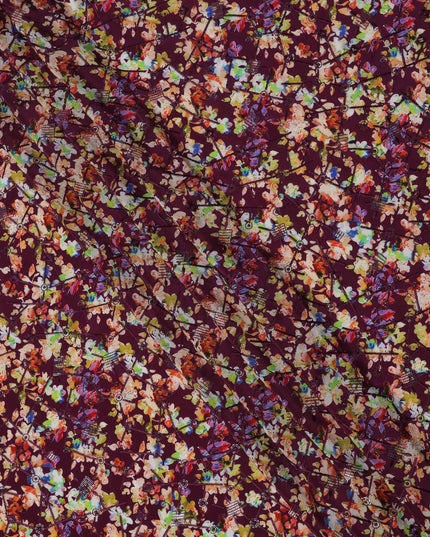 Maroon Base Multicolor Abstract Floral Digital Print Viscose Crepe Fabric, 110 Cms Width, Made in India-D23615