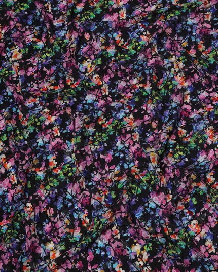 قماش كريب فيسكوز بطباعة رقمية تجريدية متعددة الألوان بقاعدة سوداء، عرض 110 سم، صنع في الهند - D23616