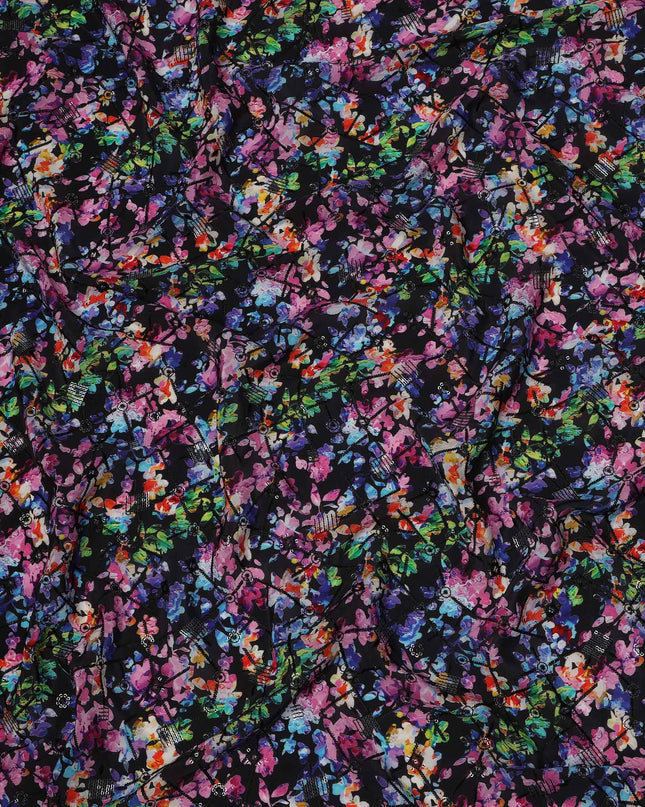 قماش كريب فيسكوز بطباعة رقمية تجريدية متعددة الألوان بقاعدة سوداء، عرض 110 سم، صنع في الهند - D23616