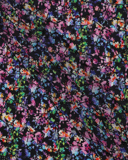 قماش كريب فيسكوز بطباعة رقمية تجريدية متعددة الألوان بقاعدة سوداء، عرض 110 سم، صنع في الهند - D23616