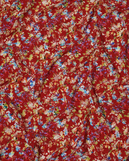 Red Base Multicolor Abstract Floral Digital Print Viscose Crepe Fabric, 110 Cms Width, Made in India-D23617