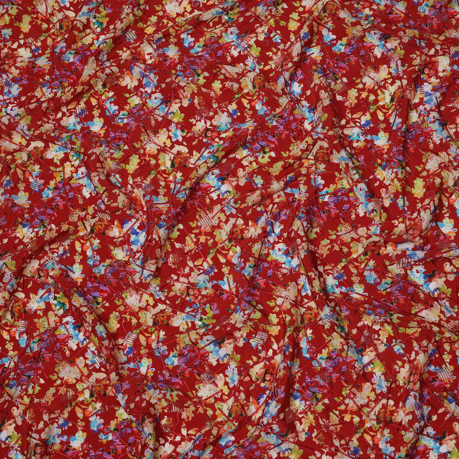Red Base Multicolor Abstract Floral Digital Print Viscose Crepe Fabric, 110 Cms Width, Made in India-D23617