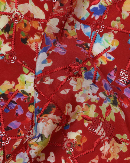 Red Base Multicolor Abstract Floral Digital Print Viscose Crepe Fabric, 110 Cms Width, Made in India-D23617