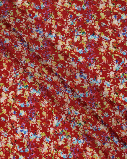 Red Base Multicolor Abstract Floral Digital Print Viscose Crepe Fabric, 110 Cms Width, Made in India-D23617