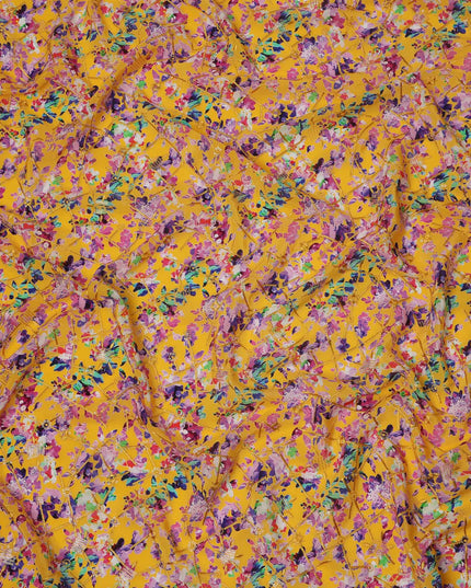 Yellow Base Multicolor Floral Abstract Digital Print Viscose Crepe Fabric, 110 Cms Width, Made in India-D23618