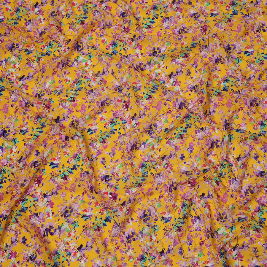 Yellow Base Multicolor Floral Abstract Digital Print Viscose Crepe Fabric, 110 Cms Width, Made in India-D23618