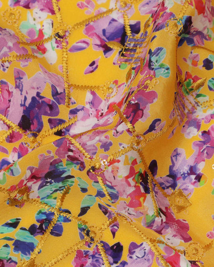 Yellow Base Multicolor Floral Abstract Digital Print Viscose Crepe Fabric, 110 Cms Width, Made in India-D23618