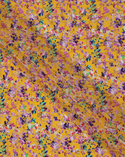 Yellow Base Multicolor Floral Abstract Digital Print Viscose Crepe Fabric, 110 Cms Width, Made in India-D23618