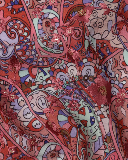 Maroon Base Multicolor Paisley and Abstract Digital Print Viscose Crepe Fabric, 110 Cms Width, Made in India-D23619