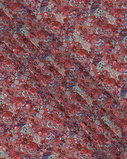 Maroon Base Multicolor Paisley and Abstract Digital Print Viscose Crepe Fabric, 110 Cms Width, Made in India-D23619