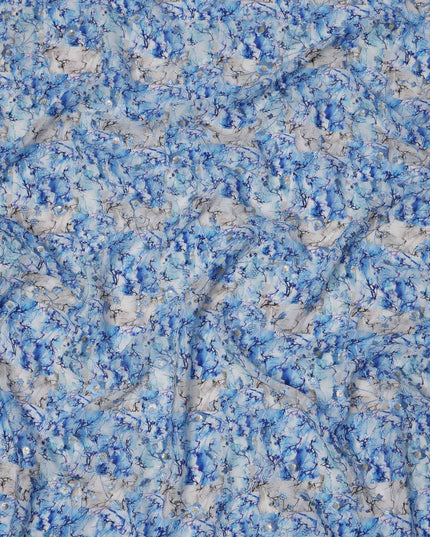 Sky Blue and White Floral Digital Print Viscose Crepe Fabric, 110 Cms Width, Made in India-D23620