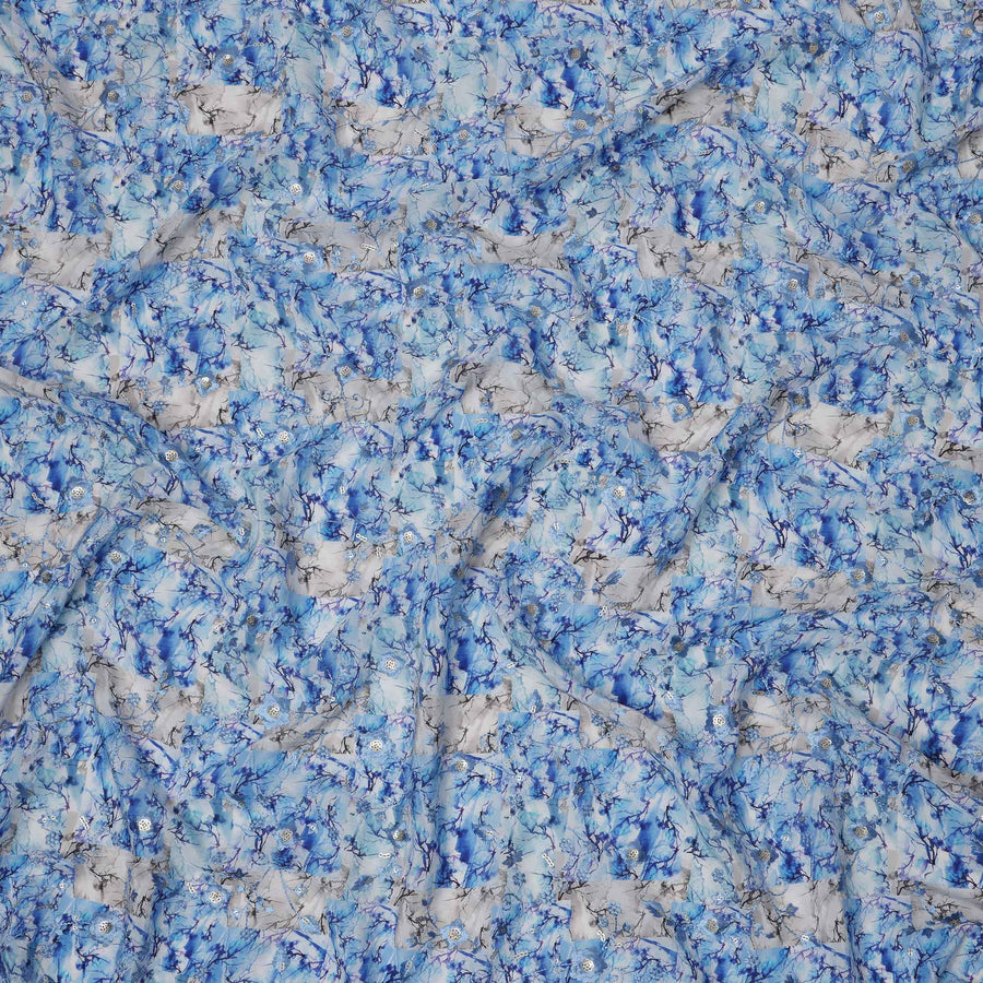 Sky Blue and White Floral Digital Print Viscose Crepe Fabric, 110 Cms Width, Made in India-D23620