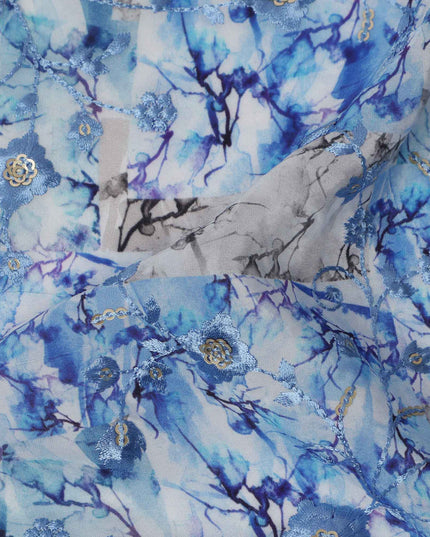 Sky Blue and White Floral Digital Print Viscose Crepe Fabric, 110 Cms Width, Made in India-D23620
