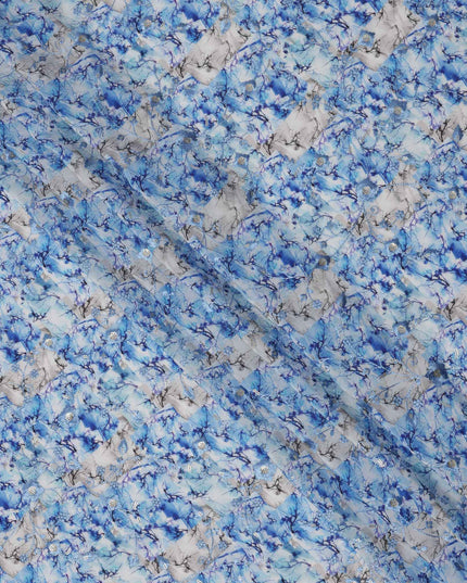 Sky Blue and White Floral Digital Print Viscose Crepe Fabric, 110 Cms Width, Made in India-D23620