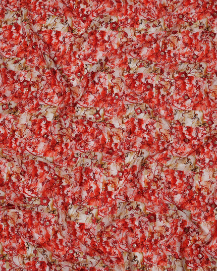Red and White Abstract Floral Digital Print Viscose Crepe Fabric, 110 Cms Width, Made in India-D23621