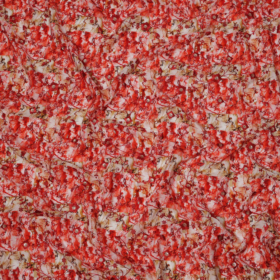 Red and White Abstract Floral Digital Print Viscose Crepe Fabric, 110 Cms Width, Made in India-D23621