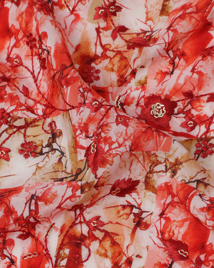 Red and White Abstract Floral Digital Print Viscose Crepe Fabric, 110 Cms Width, Made in India-D23621