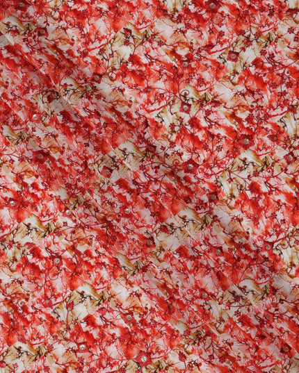 Red and White Abstract Floral Digital Print Viscose Crepe Fabric, 110 Cms Width, Made in India-D23621