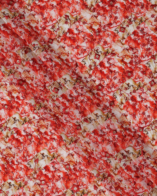 قماش كريب فيسكوز بطبعة رقمية تجريدية باللونين الأحمر والأبيض، عرض 110 سم، صنع في الهند - D23621