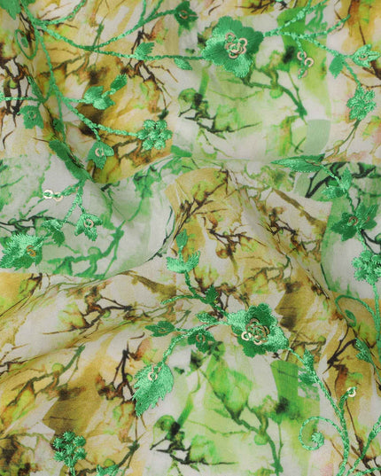 Lime Green and Yellow Abstract Floral Digital Print Viscose Crepe Fabric, 110 Cms Width, Made in India-D23622