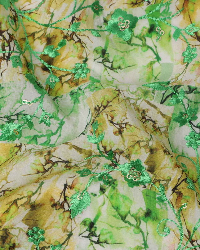 قماش كريب فيسكوز بطباعة رقمية تجريدية باللونين الأخضر الليموني والأصفر، عرض 110 سم، صنع في الهند - D23622