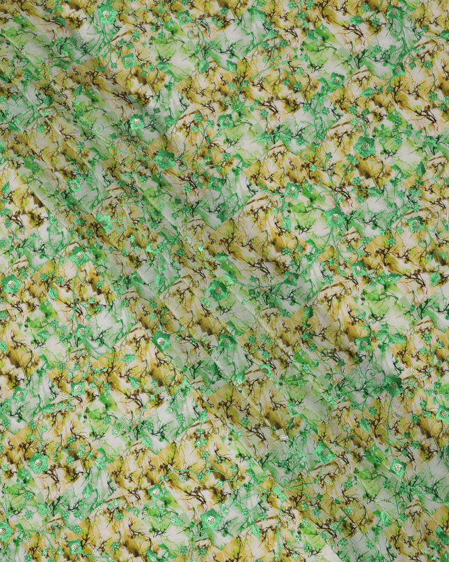 قماش كريب فيسكوز بطباعة رقمية تجريدية باللونين الأخضر الليموني والأصفر، عرض 110 سم، صنع في الهند - D23622