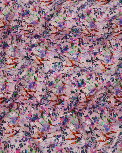 Lavender and Multicolor Floral Branch Digital Print Viscose Crepe Fabric, 110 Cms Width, Made in India-D23623