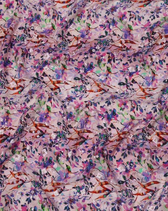 قماش كريب فيسكوز بطباعة رقمية بنقشة أزهار أرجوانية متعددة الألوان، عرض 110 سم، صنع في الهند - D23623