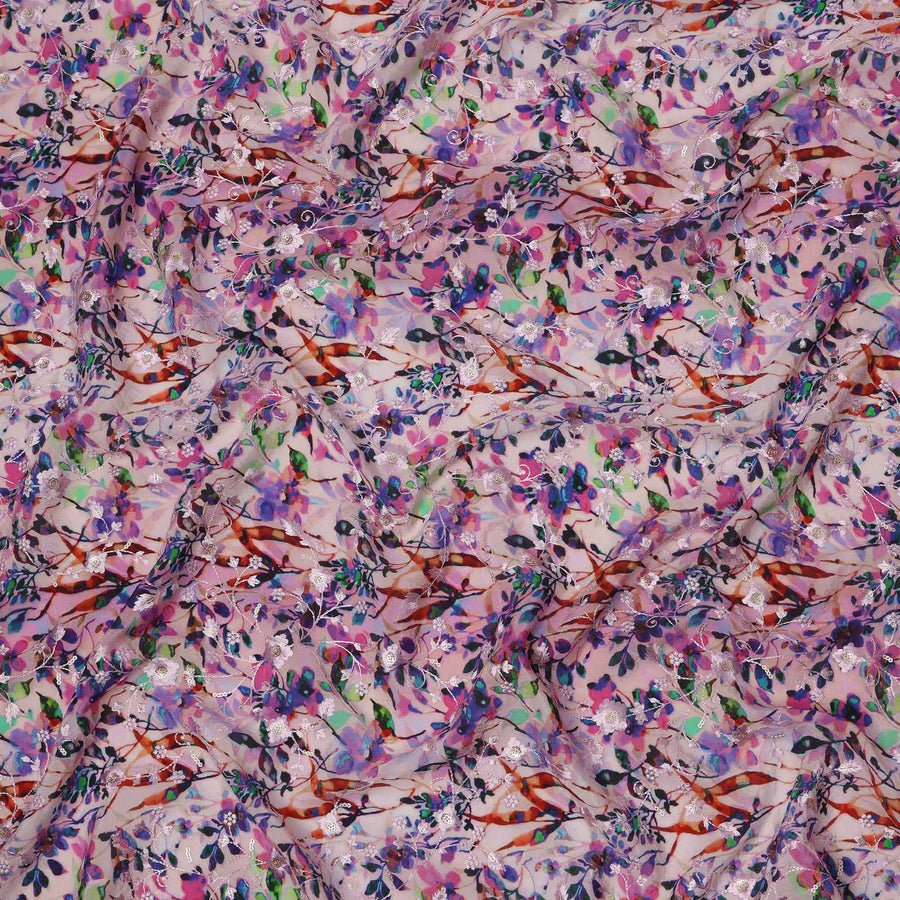 Lavender and Multicolor Floral Branch Digital Print Viscose Crepe Fabric, 110 Cms Width, Made in India-D23623