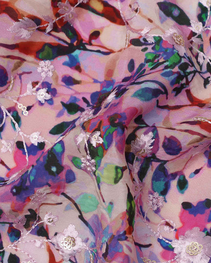 Lavender and Multicolor Floral Branch Digital Print Viscose Crepe Fabric, 110 Cms Width, Made in India-D23623