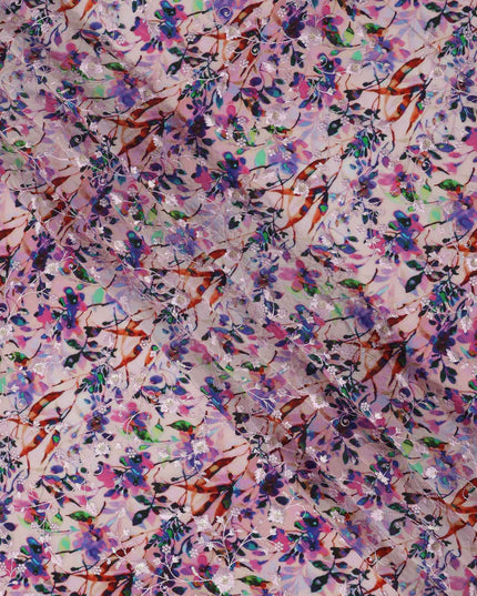 Lavender and Multicolor Floral Branch Digital Print Viscose Crepe Fabric, 110 Cms Width, Made in India-D23623