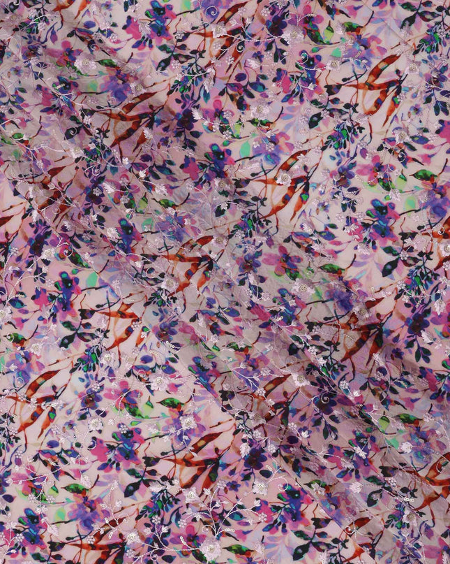 قماش كريب فيسكوز بطباعة رقمية بنقشة أزهار أرجوانية متعددة الألوان، عرض 110 سم، صنع في الهند - D23623