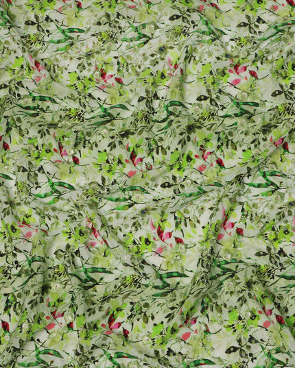 قماش كريب فيسكوز بطبعة رقمية زهرية باللونين الأخضر الفاتح والوردي، عرض 110 سم، صنع في الهند - D23624