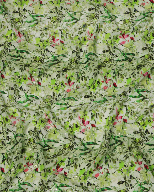 قماش كريب فيسكوز بطبعة رقمية زهرية باللونين الأخضر الفاتح والوردي، عرض 110 سم، صنع في الهند - D23624