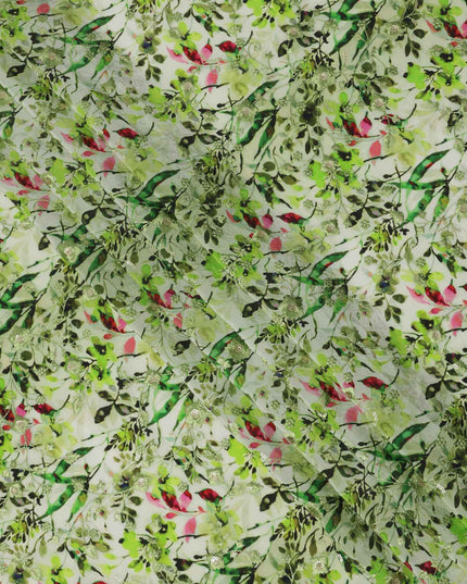 قماش كريب فيسكوز بطبعة رقمية زهرية باللونين الأخضر الفاتح والوردي، عرض 110 سم، صنع في الهند - D23624
