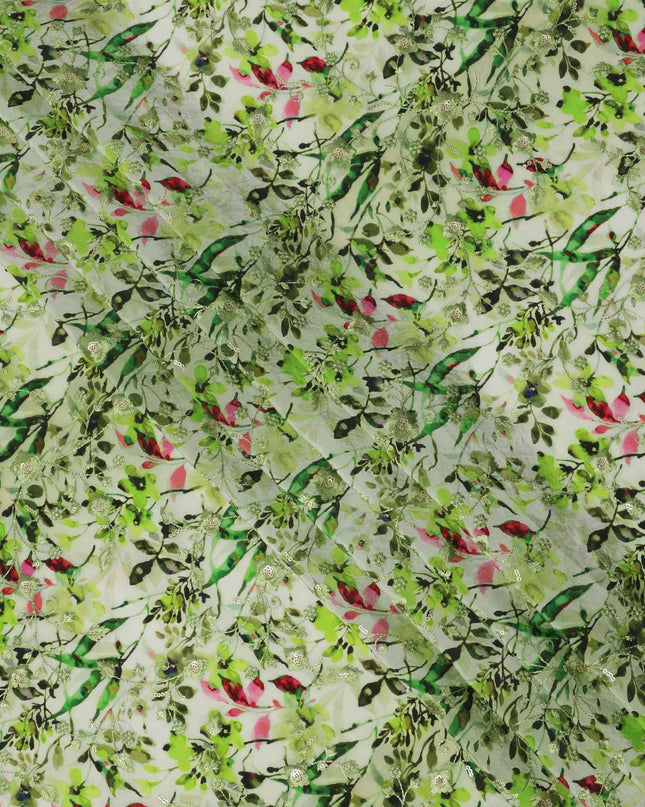 قماش كريب فيسكوز بطبعة رقمية زهرية باللونين الأخضر الفاتح والوردي، عرض 110 سم، صنع في الهند - D23624