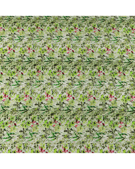 قماش كريب فيسكوز بطبعة رقمية زهرية باللونين الأخضر الفاتح والوردي، عرض 110 سم، صنع في الهند - D23624