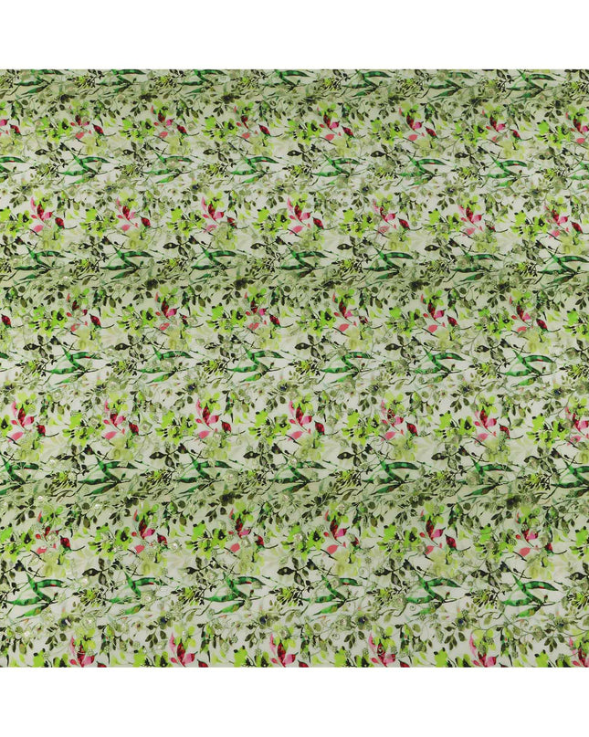قماش كريب فيسكوز بطبعة رقمية زهرية باللونين الأخضر الفاتح والوردي، عرض 110 سم، صنع في الهند - D23624