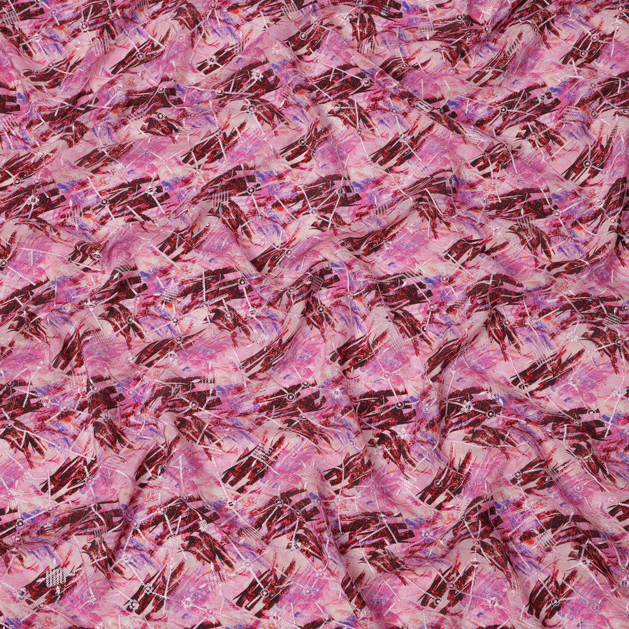 Pink and Maroon Abstract Brushstroke Digital Print Viscose Crepe Fabric, 110 Cms Width, Made in India-D23625