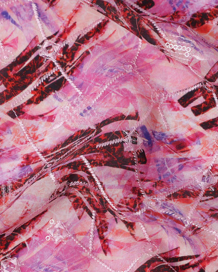Pink and Maroon Abstract Brushstroke Digital Print Viscose Crepe Fabric, 110 Cms Width, Made in India-D23625