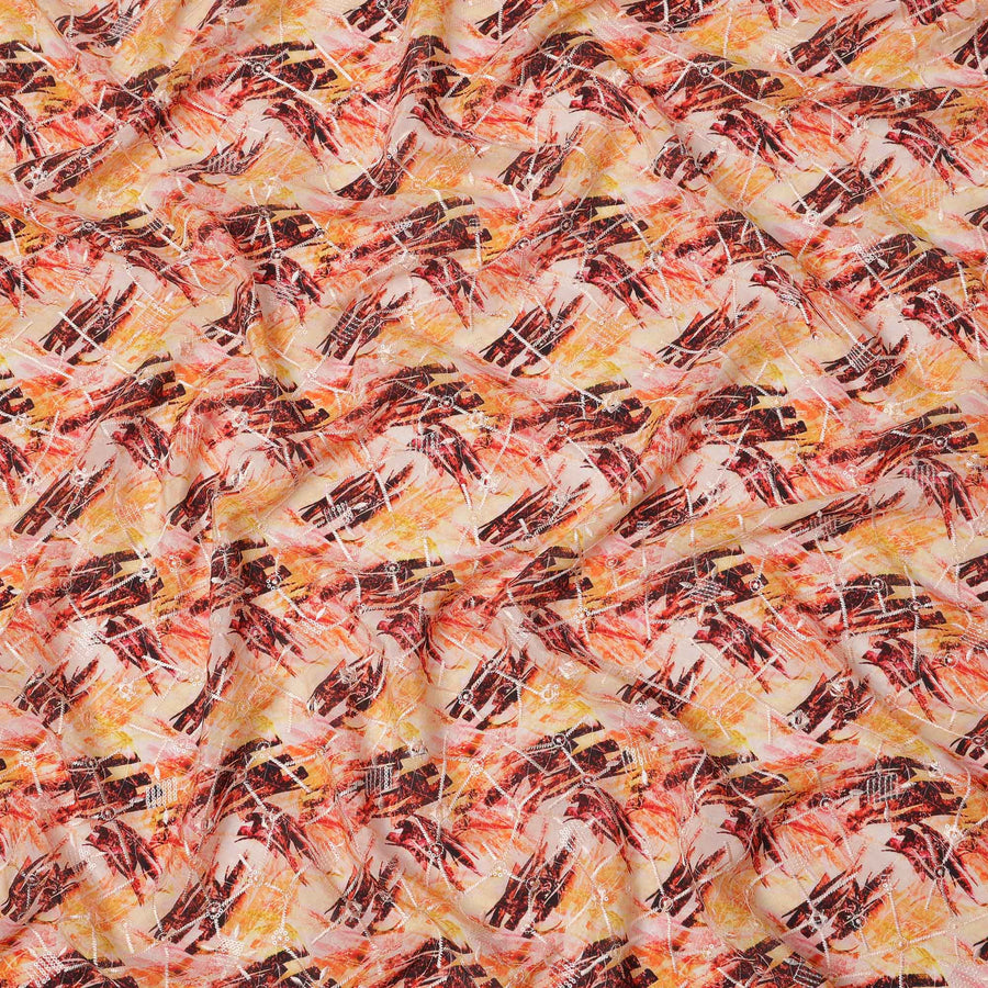 Peach and Rust Abstract Brushstroke Digital Print Viscose Crepe Fabric, 110 Cms Width, Made in India-D23626
