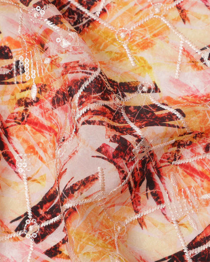 Peach and Rust Abstract Brushstroke Digital Print Viscose Crepe Fabric, 110 Cms Width, Made in India-D23626