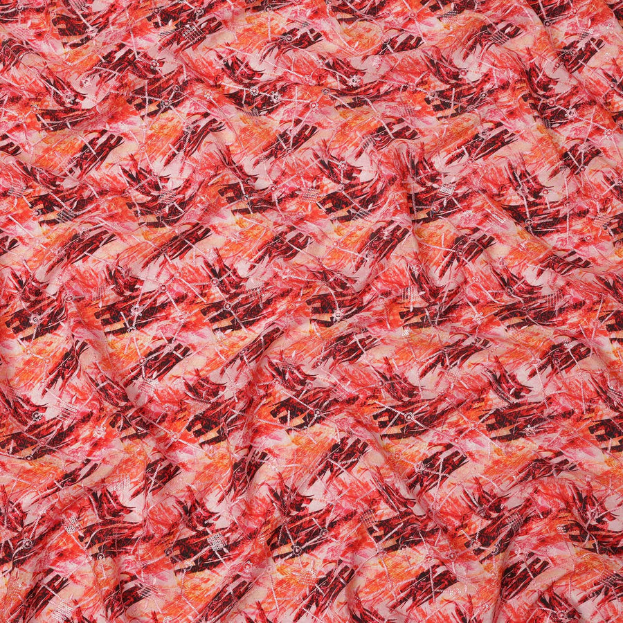 Red and Orange Abstract Brushstroke Digital Print Viscose Crepe Fabric, 110 Cms Width, Made in India-D23627