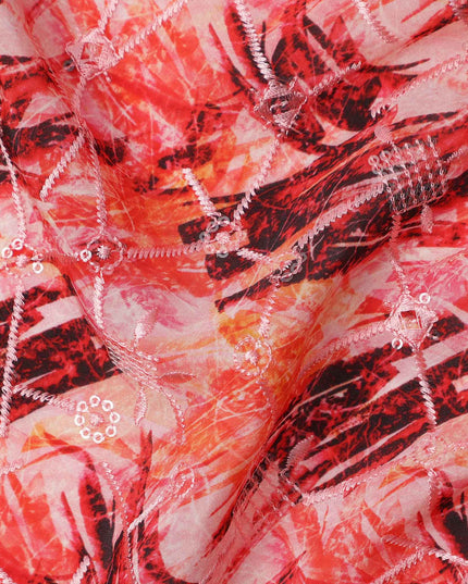 Red and Orange Abstract Brushstroke Digital Print Viscose Crepe Fabric, 110 Cms Width, Made in India-D23627
