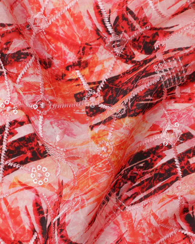 قماش كريب فيسكوز بطباعة رقمية تجريدية باللونين الأحمر والبرتقالي، عرض 110 سم، صنع في الهند - D23627