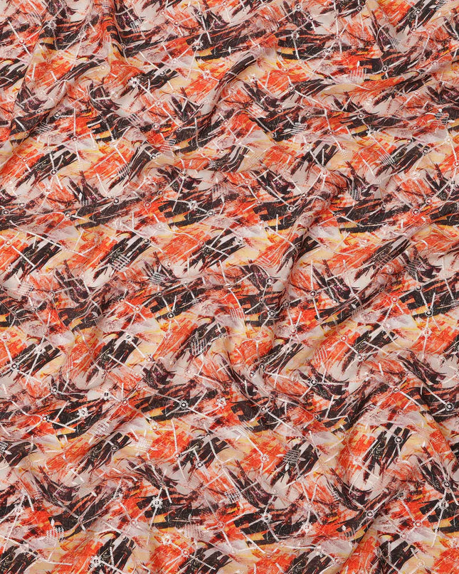 قماش كريب فيسكوز بطباعة رقمية تجريدية باللونين البرتقالي المحروق والأسود، عرض 110 سم، صنع في الهند - D23628