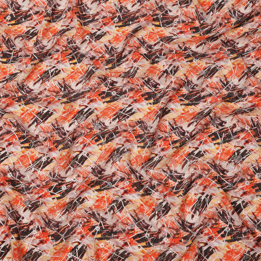 Burnt Orange and Black Abstract Brushstroke Digital Print Viscose Crepe Fabric, 110 Cms Width, Made in India-D23628