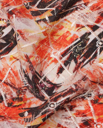 Burnt Orange and Black Abstract Brushstroke Digital Print Viscose Crepe Fabric, 110 Cms Width, Made in India-D23628